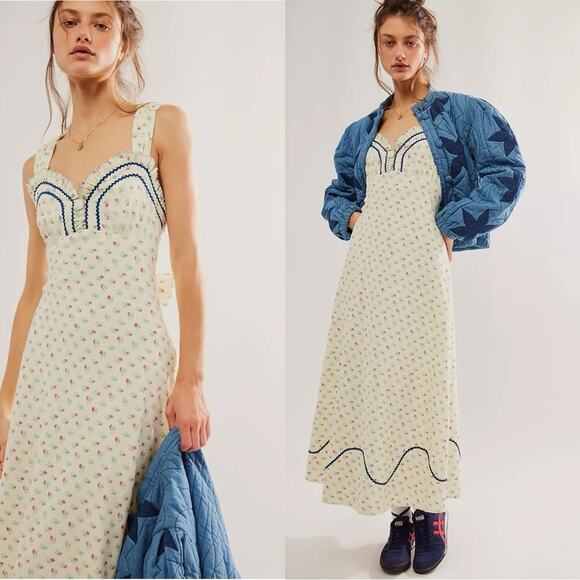 Free People Dainty Western Prairie Sweet Hearts Midi Dress in Ivory Combo Medium - Picture 5 of 16